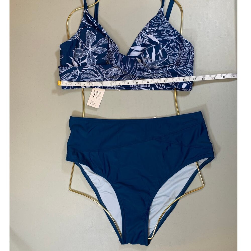 Cupshe Navy Leaf-Print High-Waist Bikini Set - Picture 2 of 7